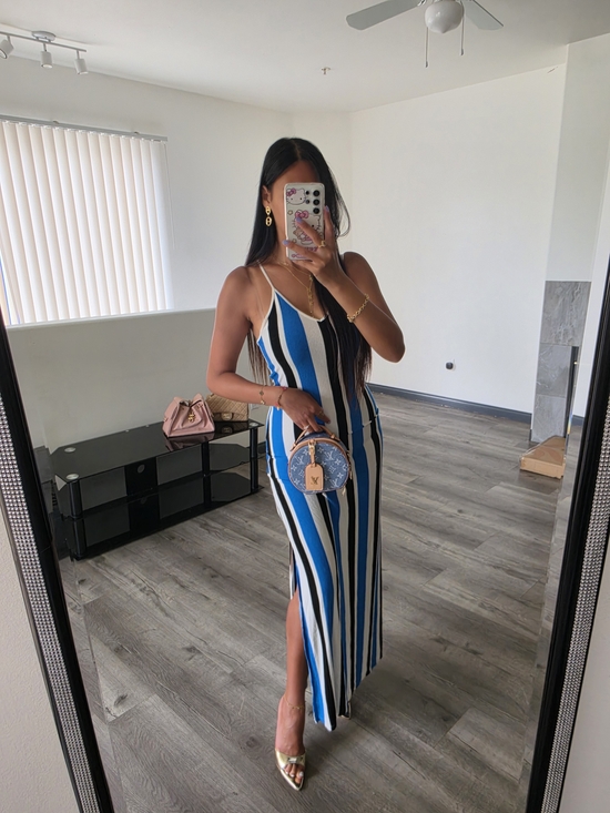Zara Dresses & Skirts - Striped Blue & White Maxi Slip Dress with Side Slit